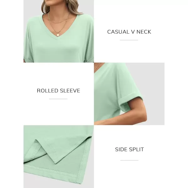 imageATHMILE Womens V Neck T Shirts Casual Rolled Short Sleeve Side Split Summer Tops Loose FitMintgreen