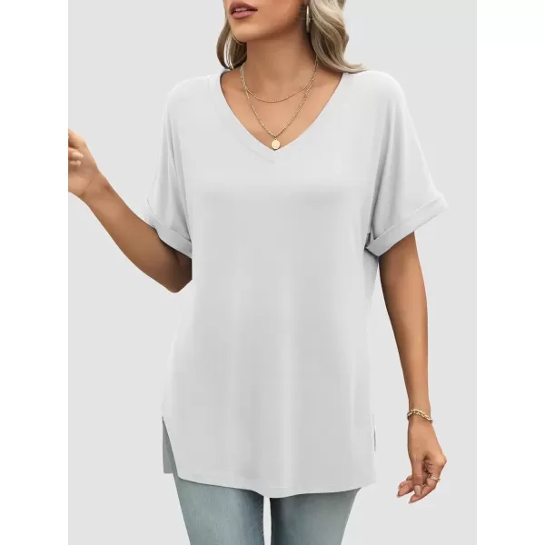 imageATHMILE Womens V Neck T Shirts Casual Rolled Short Sleeve Side Split Summer Tops Loose FitWhite