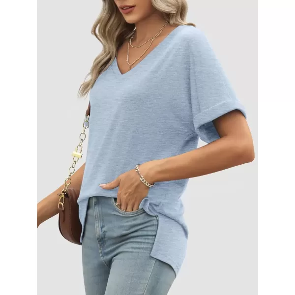 imageATHMILE Womens V Neck T Shirts Casual Rolled Short Sleeve Side Split Summer Tops Loose FitLightblue