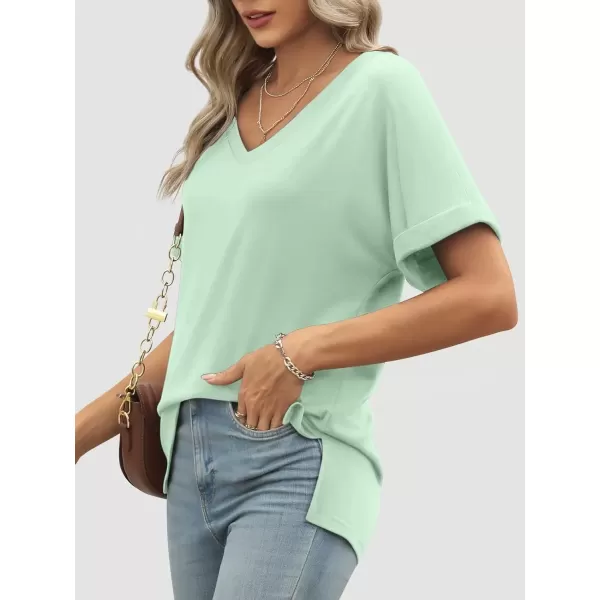 imageATHMILE Womens V Neck T Shirts Casual Rolled Short Sleeve Side Split Summer Tops Loose FitMintgreen