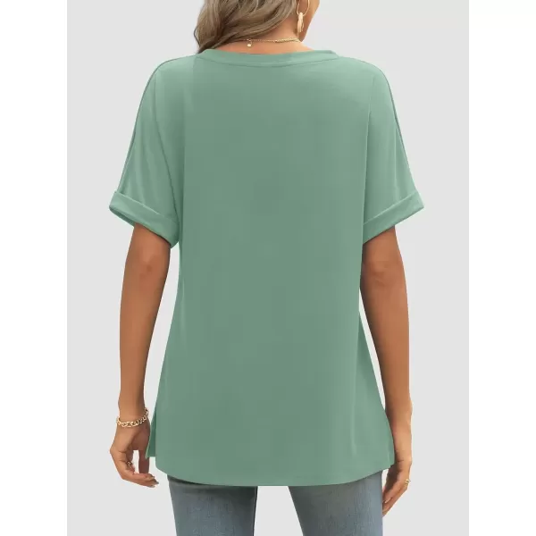 imageATHMILE Womens V Neck T Shirts Casual Rolled Short Sleeve Side Split Summer Tops Loose FitGreygreen