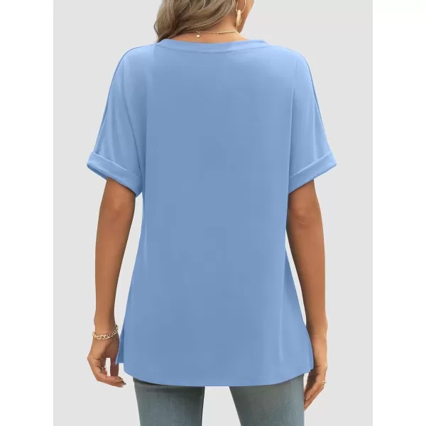 imageATHMILE Womens V Neck T Shirts Casual Rolled Short Sleeve Side Split Summer Tops Loose FitBlue