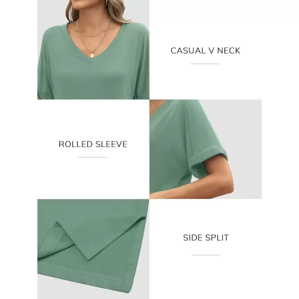 imageATHMILE Womens V Neck T Shirts Casual Rolled Short Sleeve Side Split Summer Tops Loose FitGreygreen