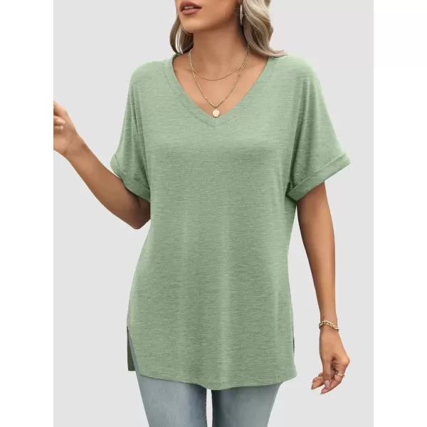 imageATHMILE Womens V Neck T Shirts Casual Rolled Short Sleeve Side Split Summer Tops Loose FitLightgreen