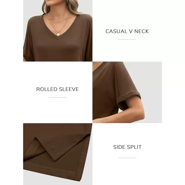 imageATHMILE Womens V Neck T Shirts Casual Rolled Short Sleeve Side Split Summer Tops Loose FitBrown