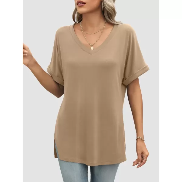 imageATHMILE Womens V Neck T Shirts Casual Rolled Short Sleeve Side Split Summer Tops Loose FitKhaki
