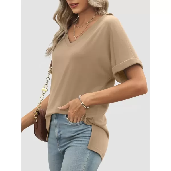 imageATHMILE Womens V Neck T Shirts Casual Rolled Short Sleeve Side Split Summer Tops Loose FitKhaki