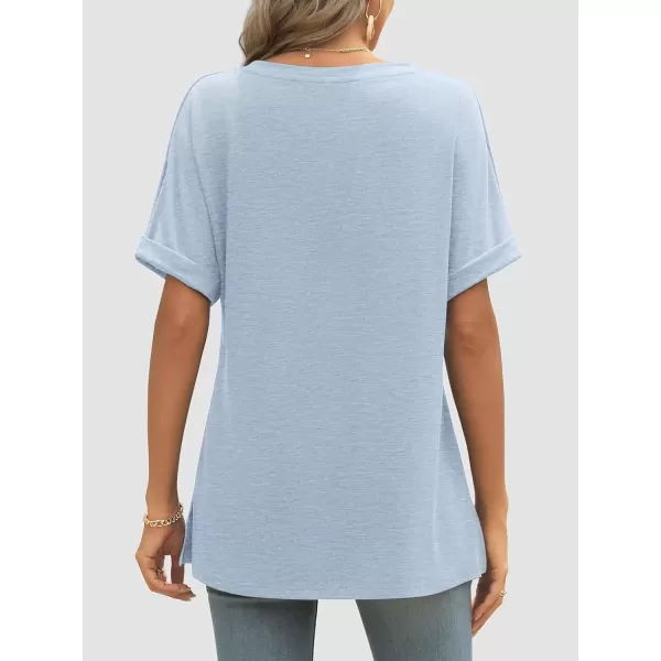imageATHMILE Womens V Neck T Shirts Casual Rolled Short Sleeve Side Split Summer Tops Loose FitLightblue