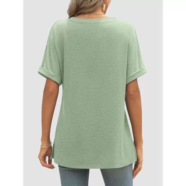 imageATHMILE Womens V Neck T Shirts Casual Rolled Short Sleeve Side Split Summer Tops Loose FitLightgreen