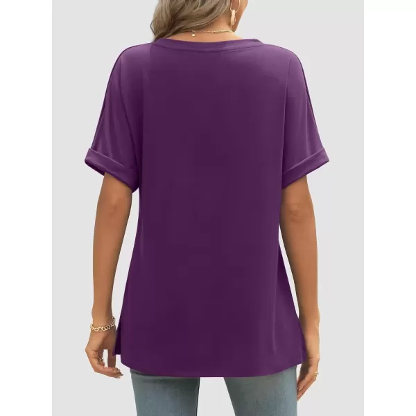 imageATHMILE Womens V Neck T Shirts Casual Rolled Short Sleeve Side Split Summer Tops Loose FitDarkpurple
