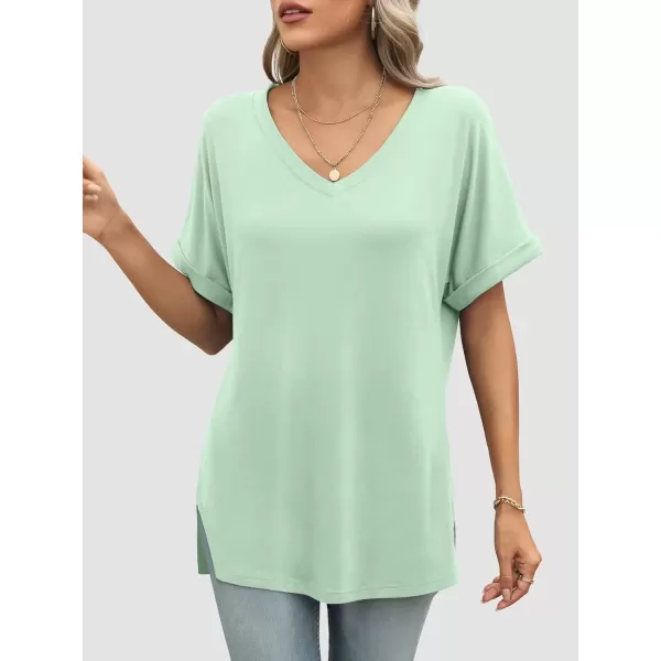 imageATHMILE Womens V Neck T Shirts Casual Rolled Short Sleeve Side Split Summer Tops Loose FitMintgreen