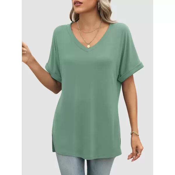 imageATHMILE Womens V Neck T Shirts Casual Rolled Short Sleeve Side Split Summer Tops Loose FitGreygreen