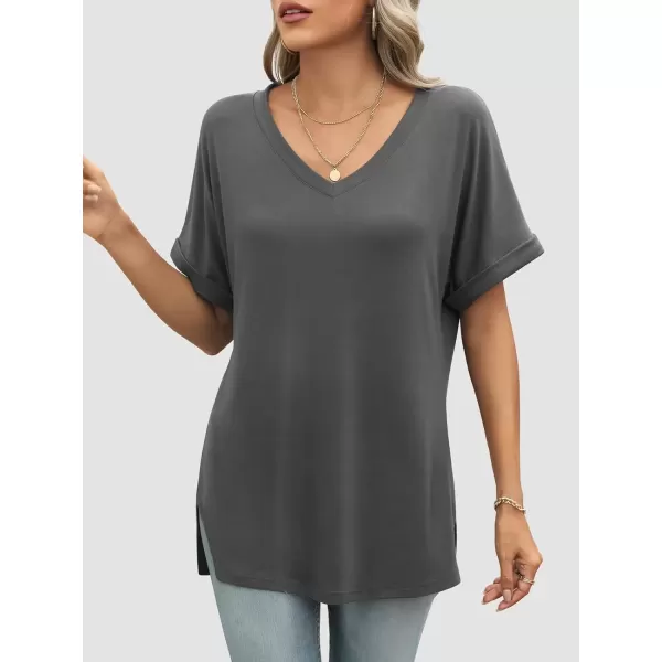 imageATHMILE Womens V Neck T Shirts Casual Rolled Short Sleeve Side Split Summer Tops Loose FitDarkgrey