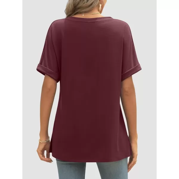 imageATHMILE Womens V Neck T Shirts Casual Rolled Short Sleeve Side Split Summer Tops Loose FitWinered