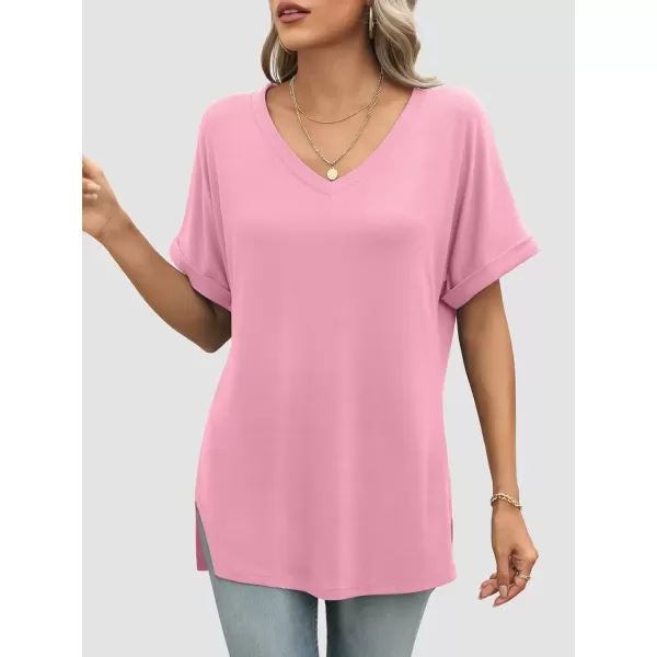 imageATHMILE Womens V Neck T Shirts Casual Rolled Short Sleeve Side Split Summer Tops Loose FitPink