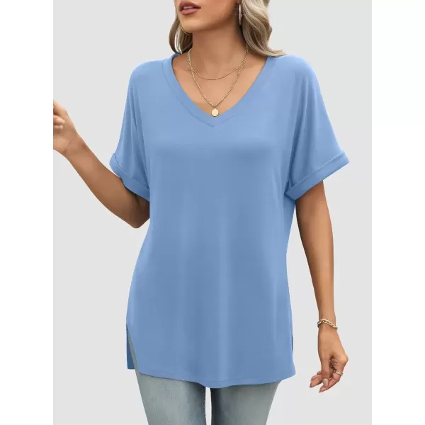 imageATHMILE Womens V Neck T Shirts Casual Rolled Short Sleeve Side Split Summer Tops Loose FitBlue