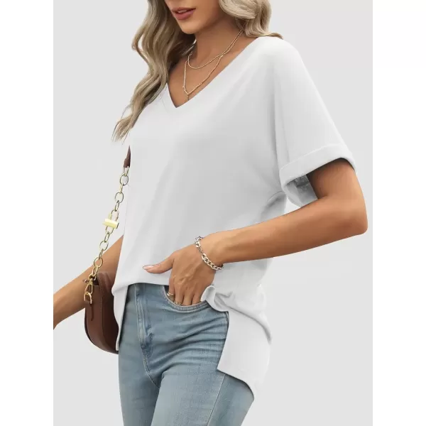 imageATHMILE Womens V Neck T Shirts Casual Rolled Short Sleeve Side Split Summer Tops Loose FitWhite
