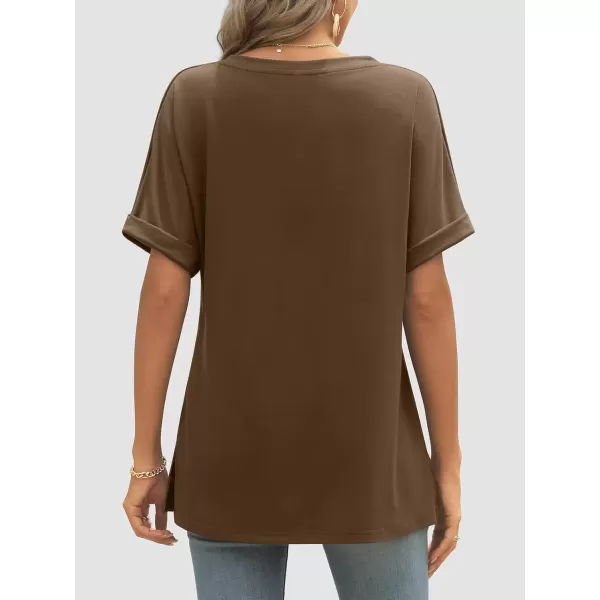 imageATHMILE Womens V Neck T Shirts Casual Rolled Short Sleeve Side Split Summer Tops Loose FitBrown