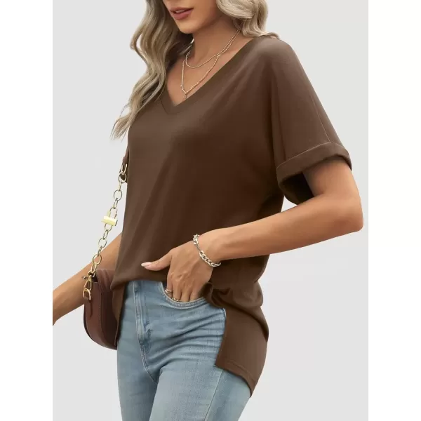 imageATHMILE Womens V Neck T Shirts Casual Rolled Short Sleeve Side Split Summer Tops Loose FitBrown
