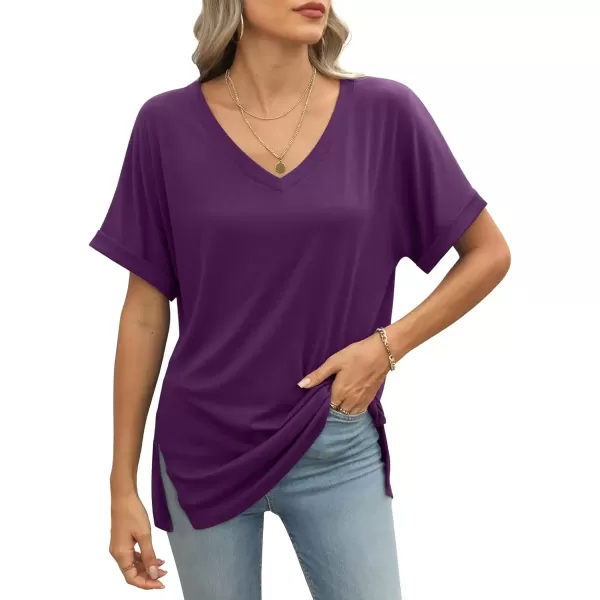 imageATHMILE Womens V Neck T Shirts Casual Rolled Short Sleeve Side Split Summer Tops Loose FitDarkpurple
