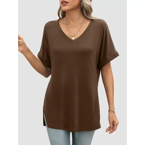 imageATHMILE Womens V Neck T Shirts Casual Rolled Short Sleeve Side Split Summer Tops Loose FitBrown