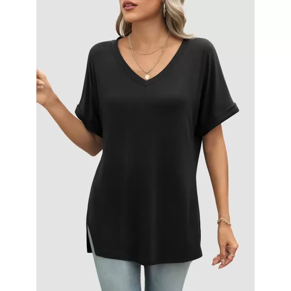 imageATHMILE Womens V Neck T Shirts Casual Rolled Short Sleeve Side Split Summer Tops Loose FitBlack