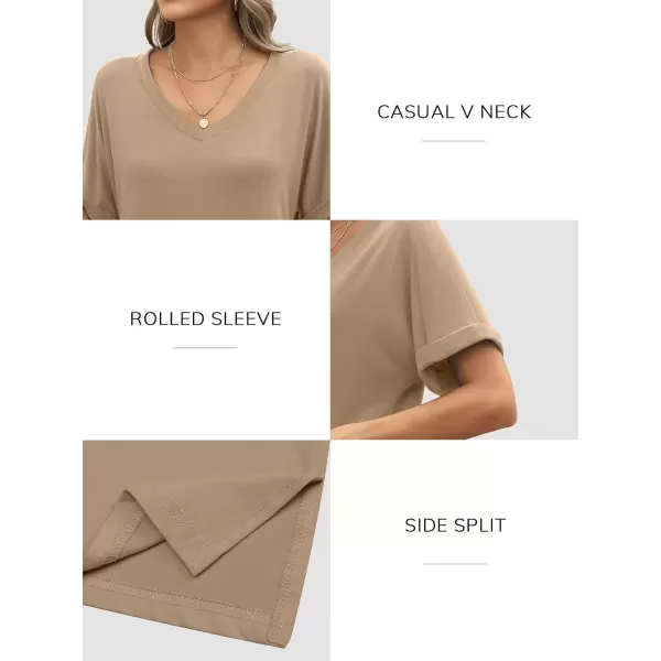 imageATHMILE Womens V Neck T Shirts Casual Rolled Short Sleeve Side Split Summer Tops Loose FitKhaki