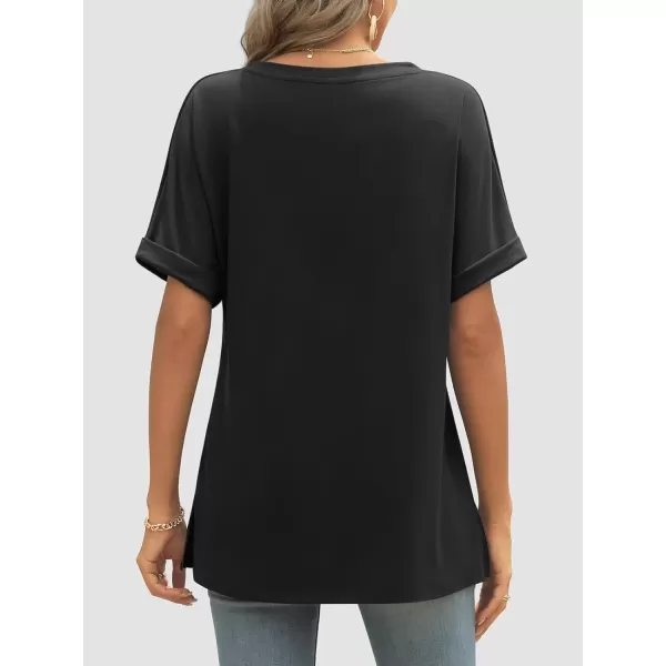 imageATHMILE Womens V Neck T Shirts Casual Rolled Short Sleeve Side Split Summer Tops Loose FitBlack