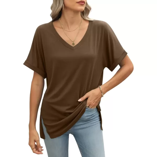 imageATHMILE Womens V Neck T Shirts Casual Rolled Short Sleeve Side Split Summer Tops Loose FitBrown