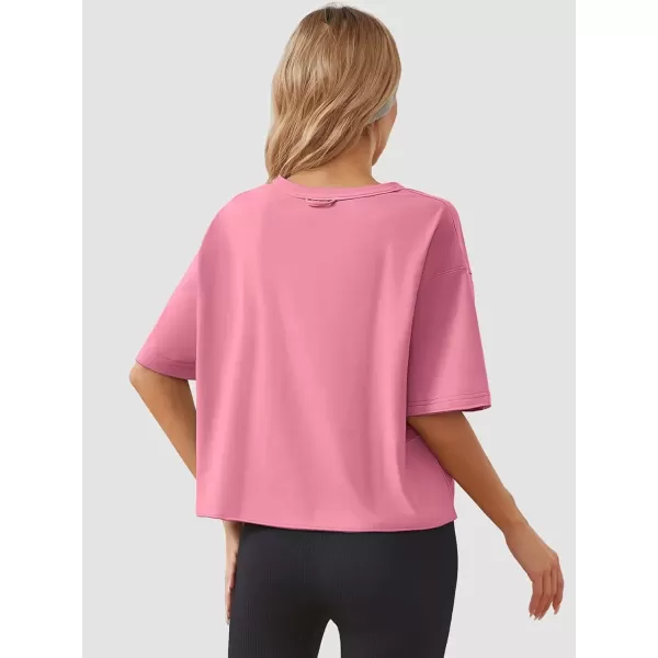 imageWomens Oversize Workout Crop Tops Casual Short Sleeve Drop Shoulder Boxy TShirts Roll Hem Basic Loose Yoga Running TeesPink