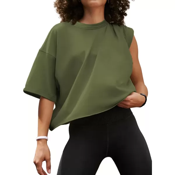 imageWomens Oversize Workout Crop Tops Casual Short Sleeve Drop Shoulder Boxy TShirts Roll Hem Basic Loose Yoga Running TeesArmygreen