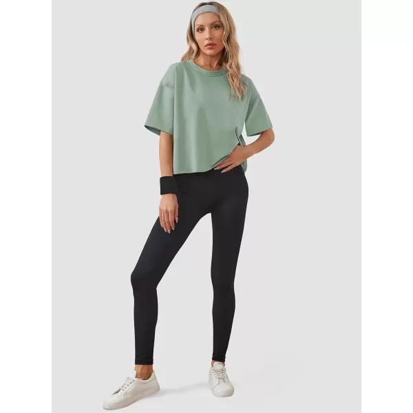 imageWomens Oversize Workout Crop Tops Casual Short Sleeve Drop Shoulder Boxy TShirts Roll Hem Basic Loose Yoga Running TeesSage