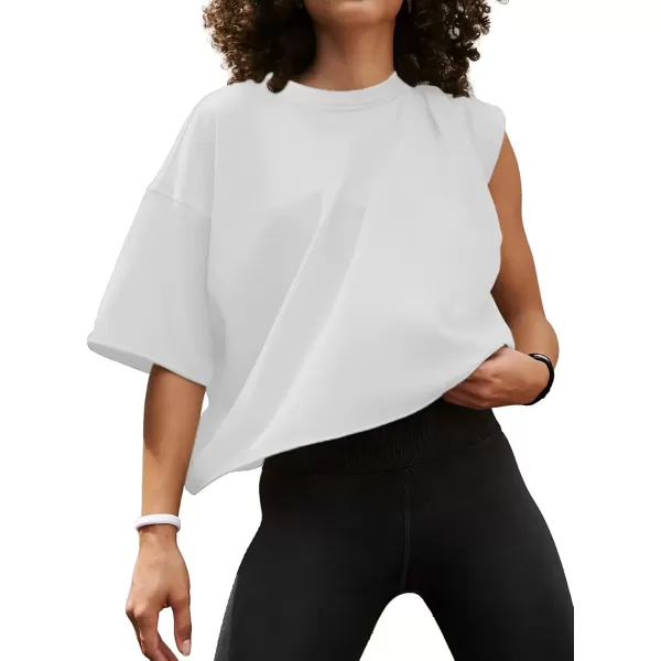 imageWomens Oversize Workout Crop Tops Casual Short Sleeve Drop Shoulder Boxy TShirts Roll Hem Basic Loose Yoga Running TeesWhite
