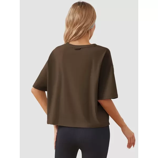 imageWomens Oversize Workout Crop Tops Casual Short Sleeve Drop Shoulder Boxy TShirts Roll Hem Basic Loose Yoga Running TeesBrown