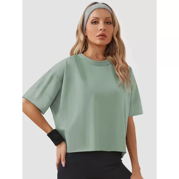 imageWomens Oversize Workout Crop Tops Casual Short Sleeve Drop Shoulder Boxy TShirts Roll Hem Basic Loose Yoga Running TeesSage