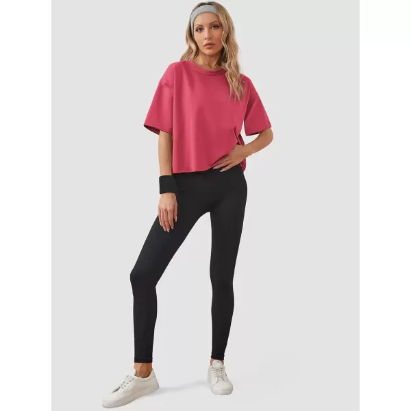 imageWomens Oversize Workout Crop Tops Casual Short Sleeve Drop Shoulder Boxy TShirts Roll Hem Basic Loose Yoga Running TeesHotpink
