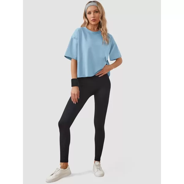imageWomens Oversize Workout Crop Tops Casual Short Sleeve Drop Shoulder Boxy TShirts Roll Hem Basic Loose Yoga Running TeesSkyblue