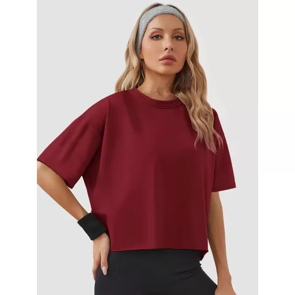 imageWomens Oversize Workout Crop Tops Casual Short Sleeve Drop Shoulder Boxy TShirts Roll Hem Basic Loose Yoga Running TeesWinered