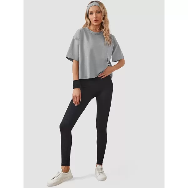 imageWomens Oversize Workout Crop Tops Casual Short Sleeve Drop Shoulder Boxy TShirts Roll Hem Basic Loose Yoga Running TeesGrey