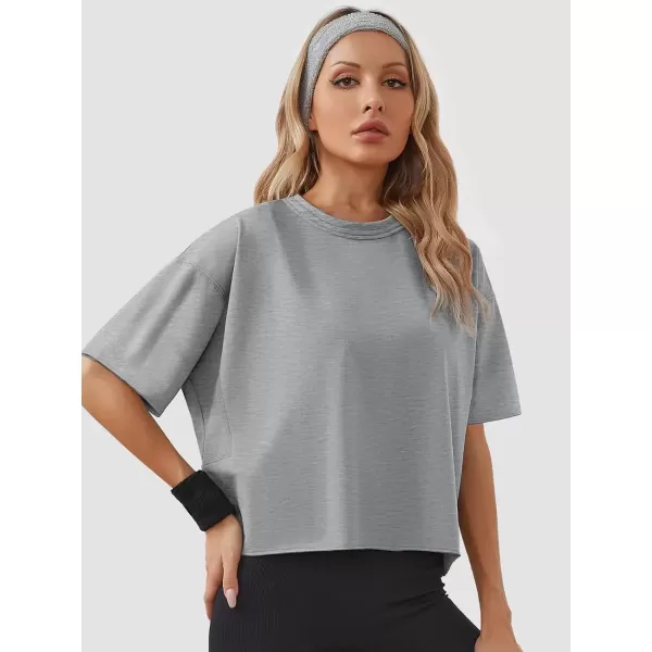 imageWomens Oversize Workout Crop Tops Casual Short Sleeve Drop Shoulder Boxy TShirts Roll Hem Basic Loose Yoga Running TeesGrey