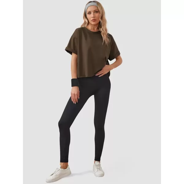 imageWomens Oversize Workout Crop Tops Casual Short Sleeve Drop Shoulder Boxy TShirts Roll Hem Basic Loose Yoga Running TeesBrown