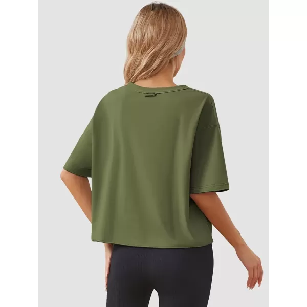 imageWomens Oversize Workout Crop Tops Casual Short Sleeve Drop Shoulder Boxy TShirts Roll Hem Basic Loose Yoga Running TeesArmygreen