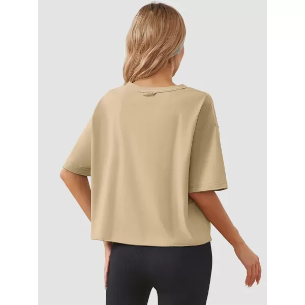 imageWomens Oversize Workout Crop Tops Casual Short Sleeve Drop Shoulder Boxy TShirts Roll Hem Basic Loose Yoga Running TeesLightkhaki