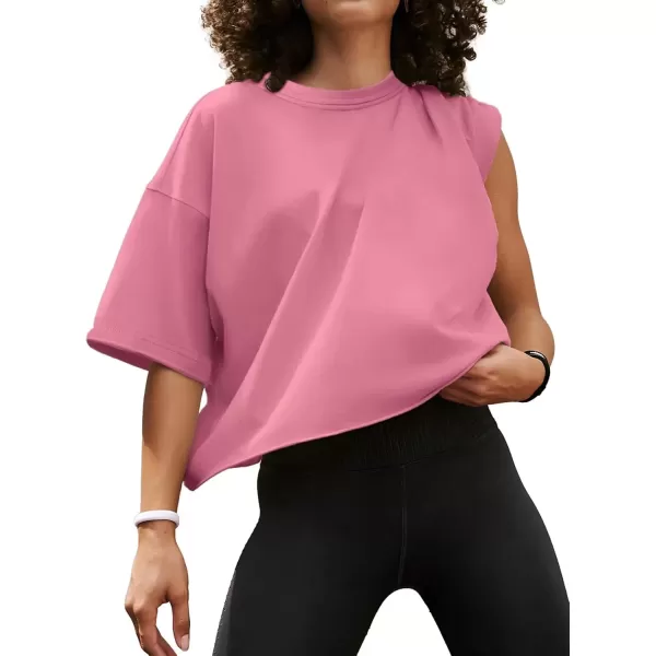imageWomens Oversize Workout Crop Tops Casual Short Sleeve Drop Shoulder Boxy TShirts Roll Hem Basic Loose Yoga Running TeesPink