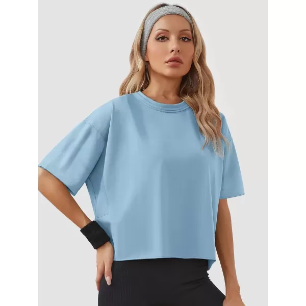 imageWomens Oversize Workout Crop Tops Casual Short Sleeve Drop Shoulder Boxy TShirts Roll Hem Basic Loose Yoga Running TeesSkyblue