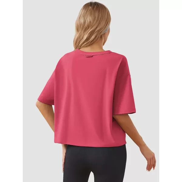 imageWomens Oversize Workout Crop Tops Casual Short Sleeve Drop Shoulder Boxy TShirts Roll Hem Basic Loose Yoga Running TeesHotpink