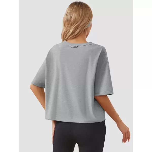 imageWomens Oversize Workout Crop Tops Casual Short Sleeve Drop Shoulder Boxy TShirts Roll Hem Basic Loose Yoga Running TeesGrey