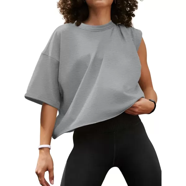 imageWomens Oversize Workout Crop Tops Casual Short Sleeve Drop Shoulder Boxy TShirts Roll Hem Basic Loose Yoga Running TeesGrey