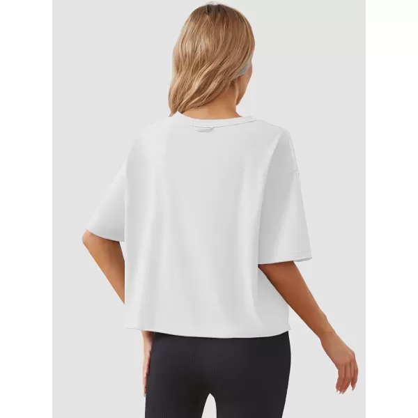 imageWomens Oversize Workout Crop Tops Casual Short Sleeve Drop Shoulder Boxy TShirts Roll Hem Basic Loose Yoga Running TeesWhite