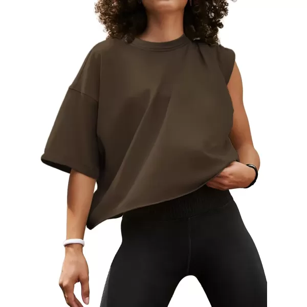 imageWomens Oversize Workout Crop Tops Casual Short Sleeve Drop Shoulder Boxy TShirts Roll Hem Basic Loose Yoga Running TeesBrown